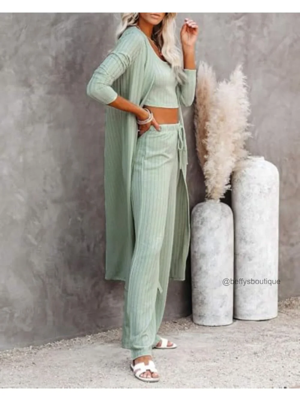 3 Piece Lounge Pajama Set Vest Top Wide Leg Pants Long Cardigan Travel Matching